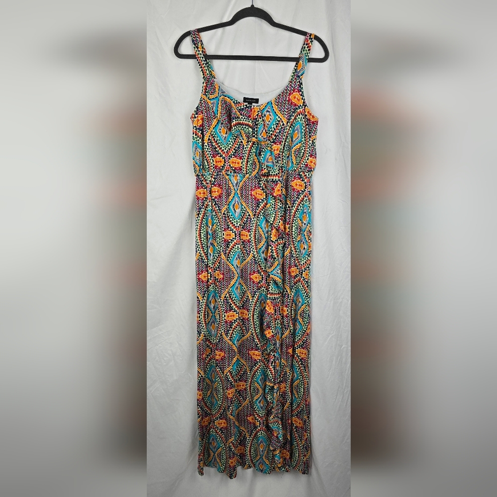 Spense Multicolored Festive Elastic Waist  Ruffled Sleeveless Maxi Dress sz L